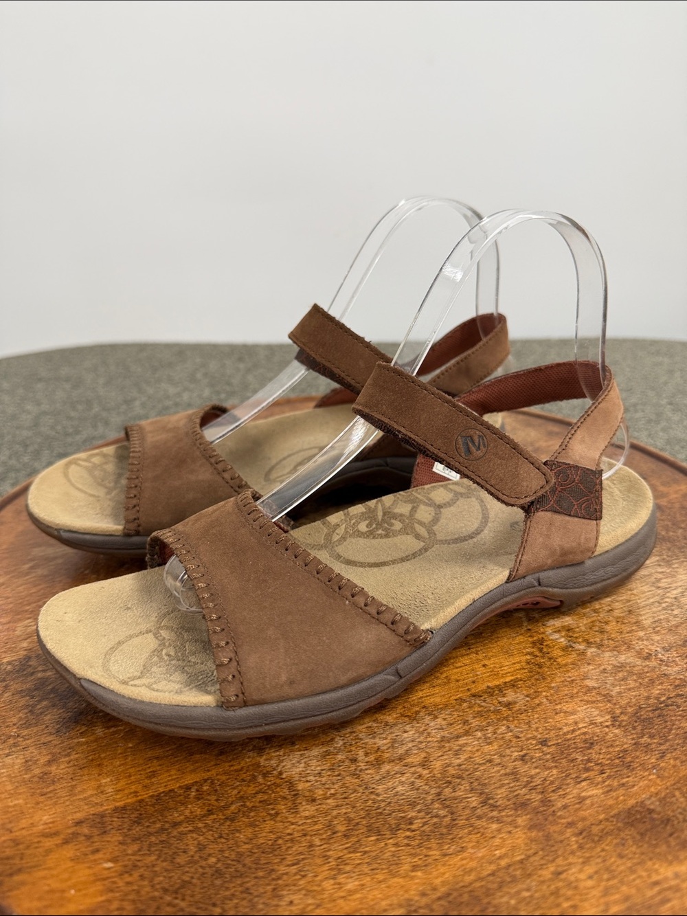 Merrell Sandals Wm 8 Dark Earth Brown Leather Camping Hiking Strappy Adjustable